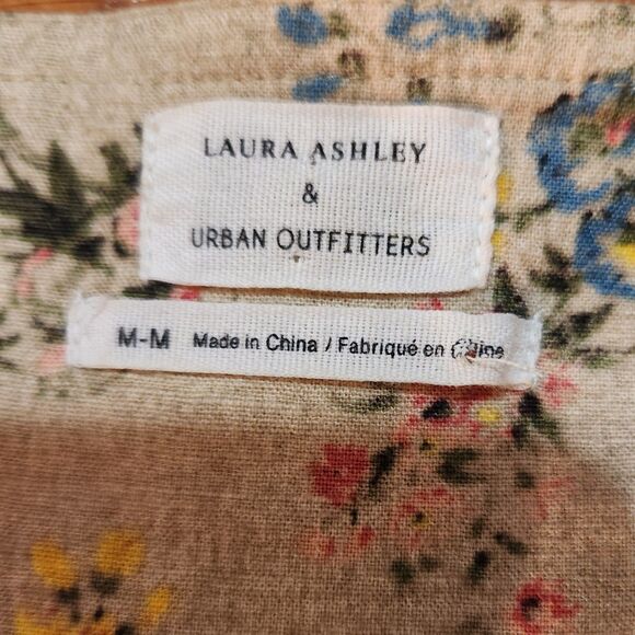 Laura Ashley & Urban Outfitters Button-Front Mini Dress Tan Floral Linen Sz M - Picture 5 of 9
